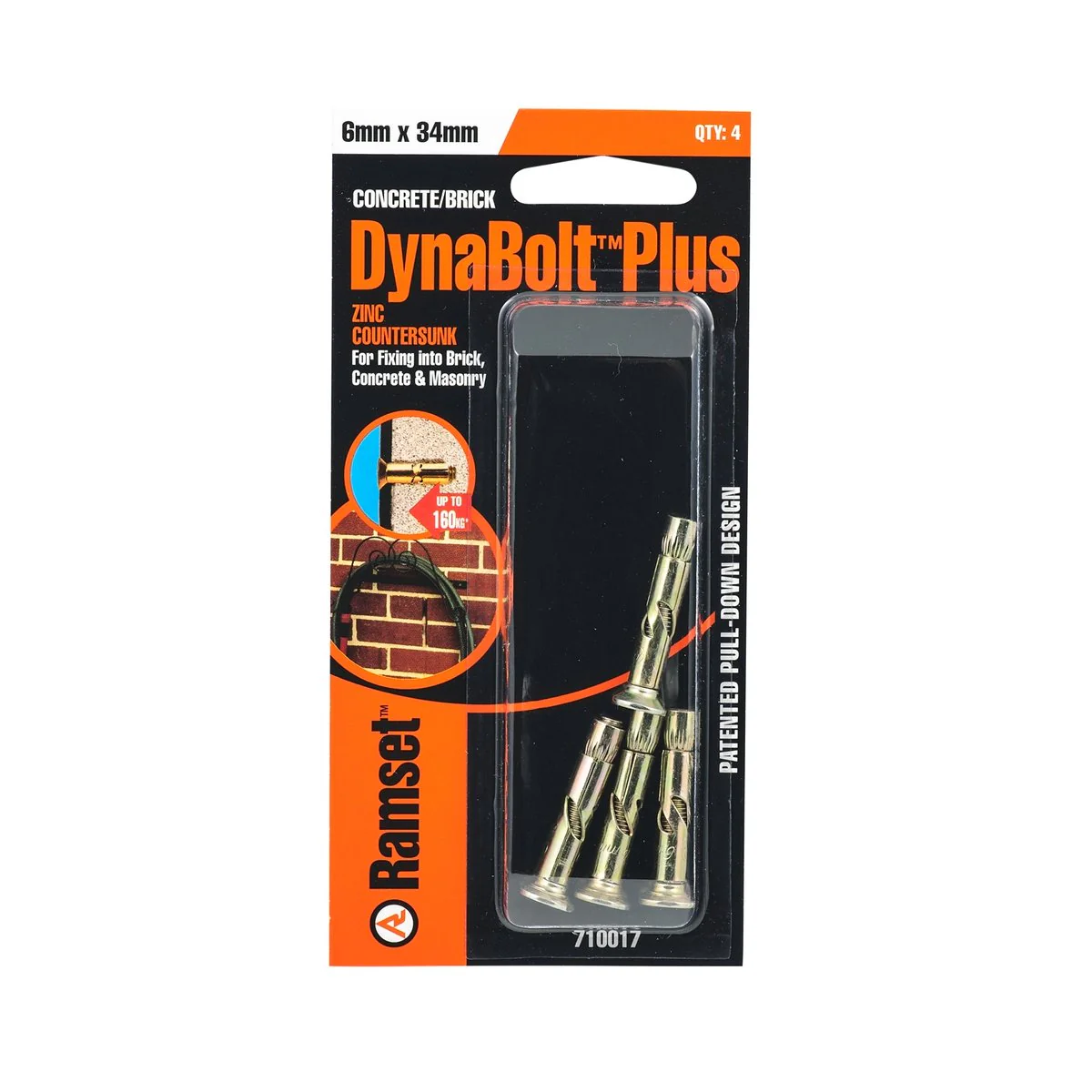 Ramset Dynabolt Plus 6 x 34mm Flat Head Bolt 4 Pack Gold Steel