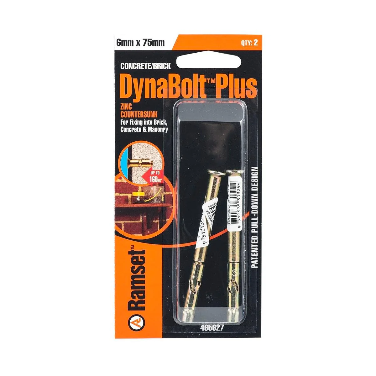 Ramset Dynabolt Plus 6 x 75mm Flat Head Bolt 2 Pack Gold Steel Security
