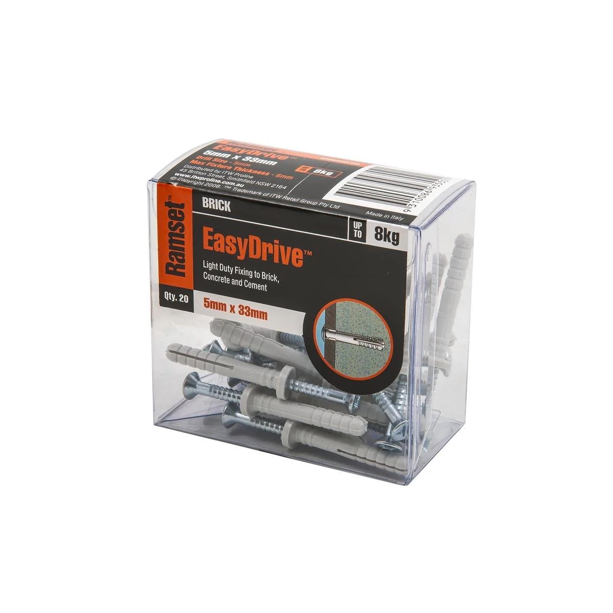 Ramset Easydrive Anchor 5 x 33mm Nylon 20 Pack Light Duty Fixing