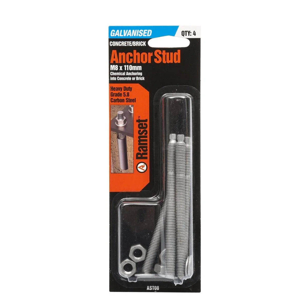 Ramset Galvanised Anchor Stud 8mm x 110mm 4 Pack Heavy Duty
