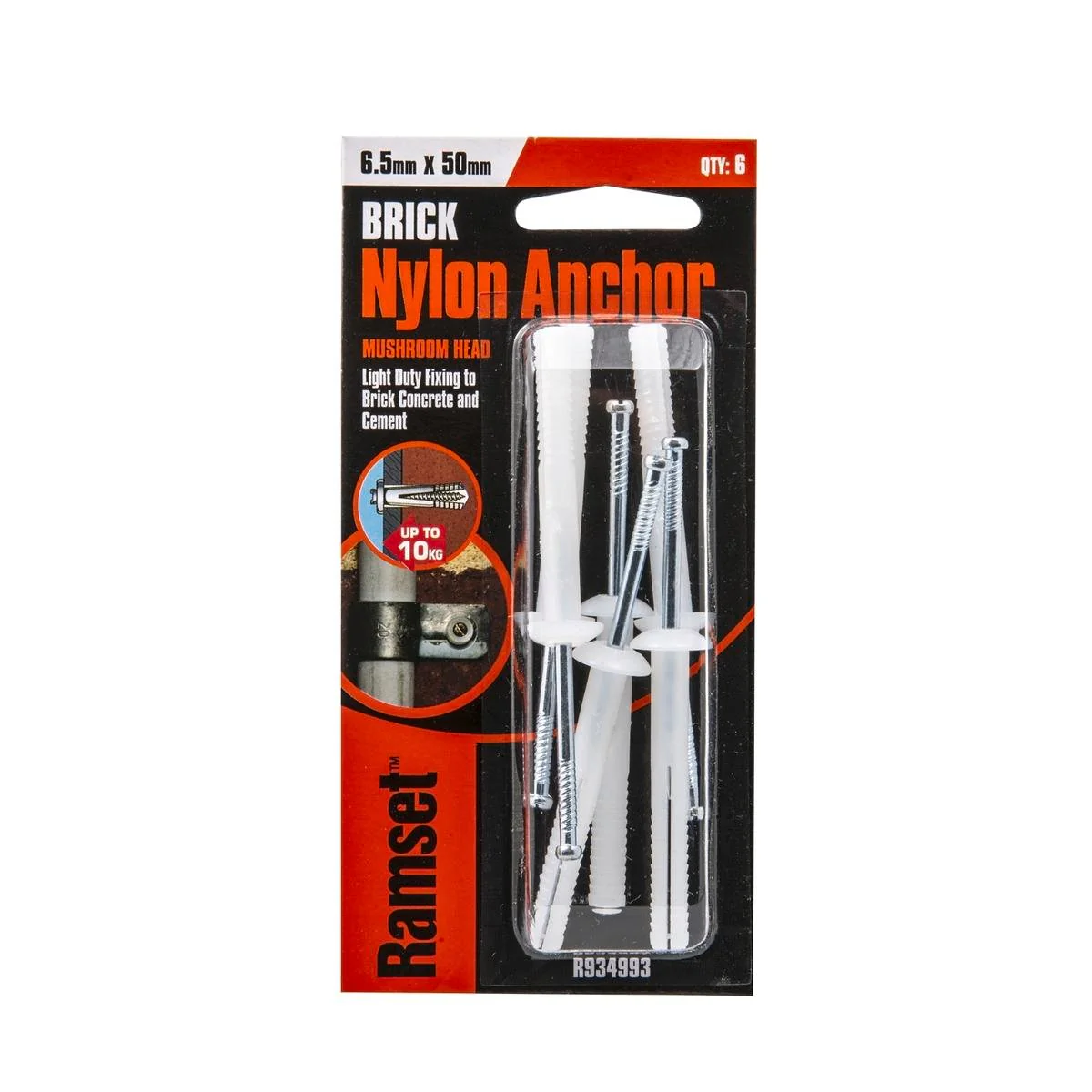 Ramset Nylon Anchor 6 5 x 50mm Mushroom Head Light Duty 6 Pack