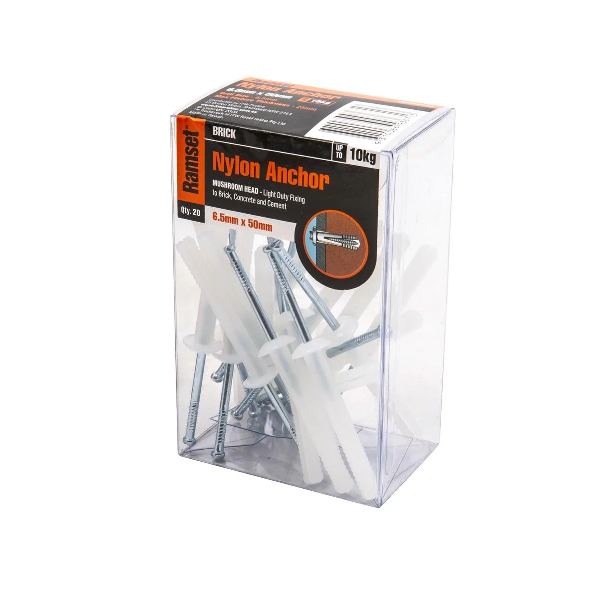 Ramset Nylon Anchor 6.5mm x 50mm Mushroom Head 20 Pack