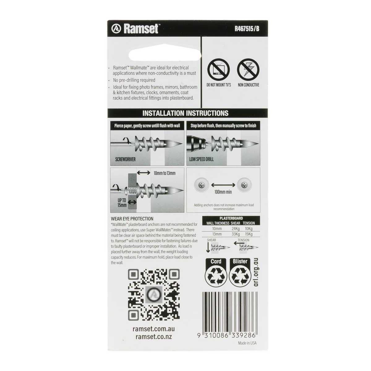 Ramset Nylon Wallmate Plasterboard Anchor with Screws 10 Pack - 43mm x 73mm - Quick Installation - Image 2