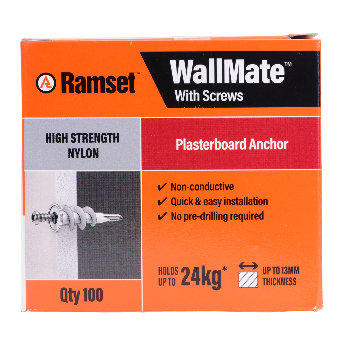 Ramset Nylon Wallmate Plasterboard Anchor with Screws 100 Pack - 75mm x 70mm x 40mm - Easy Installation, Non-Conductive