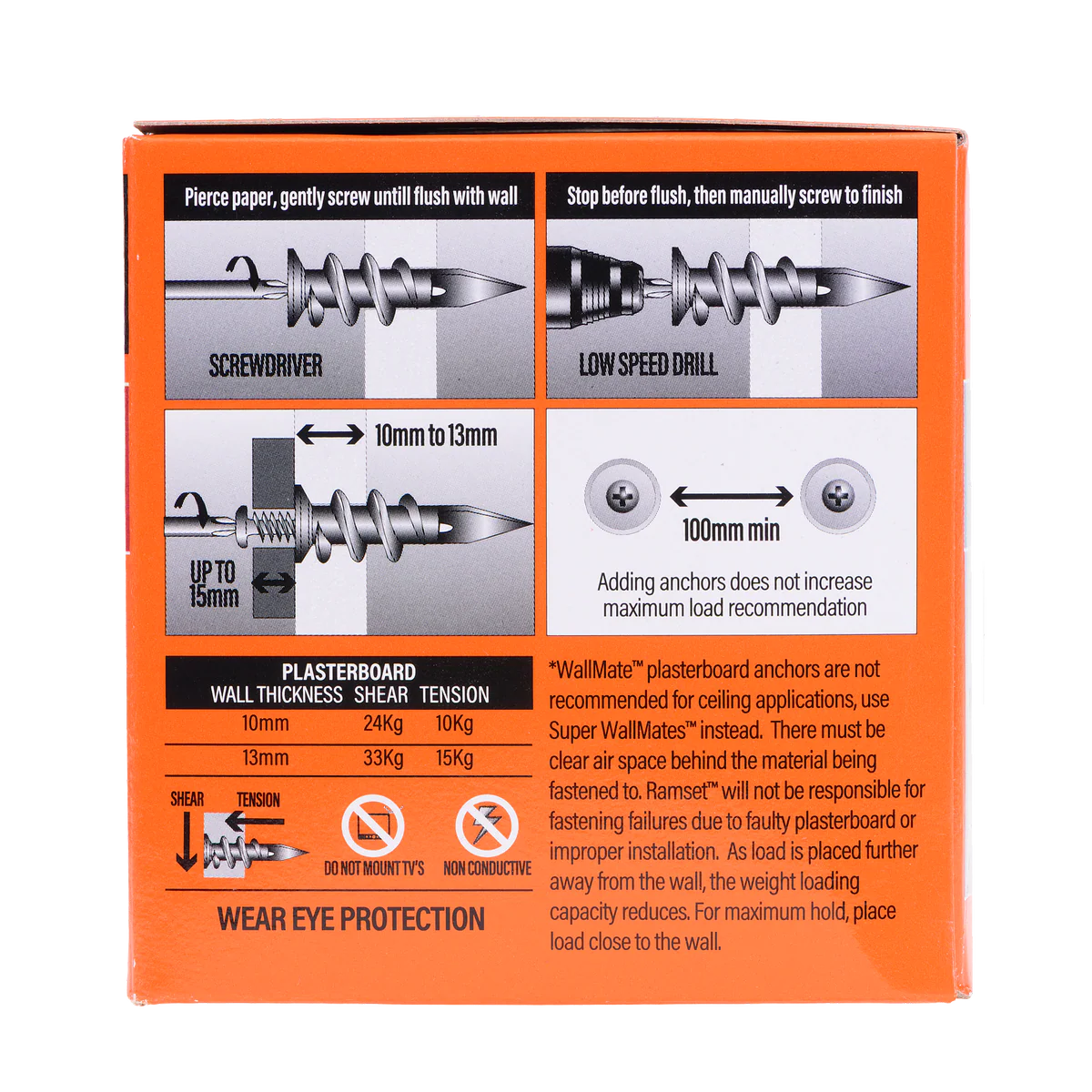 Ramset Nylon Wallmate Plasterboard Anchor with Screws 100 Pack - 75mm x 70mm x 40mm - Easy Installation, Non-Conductive - Image 3