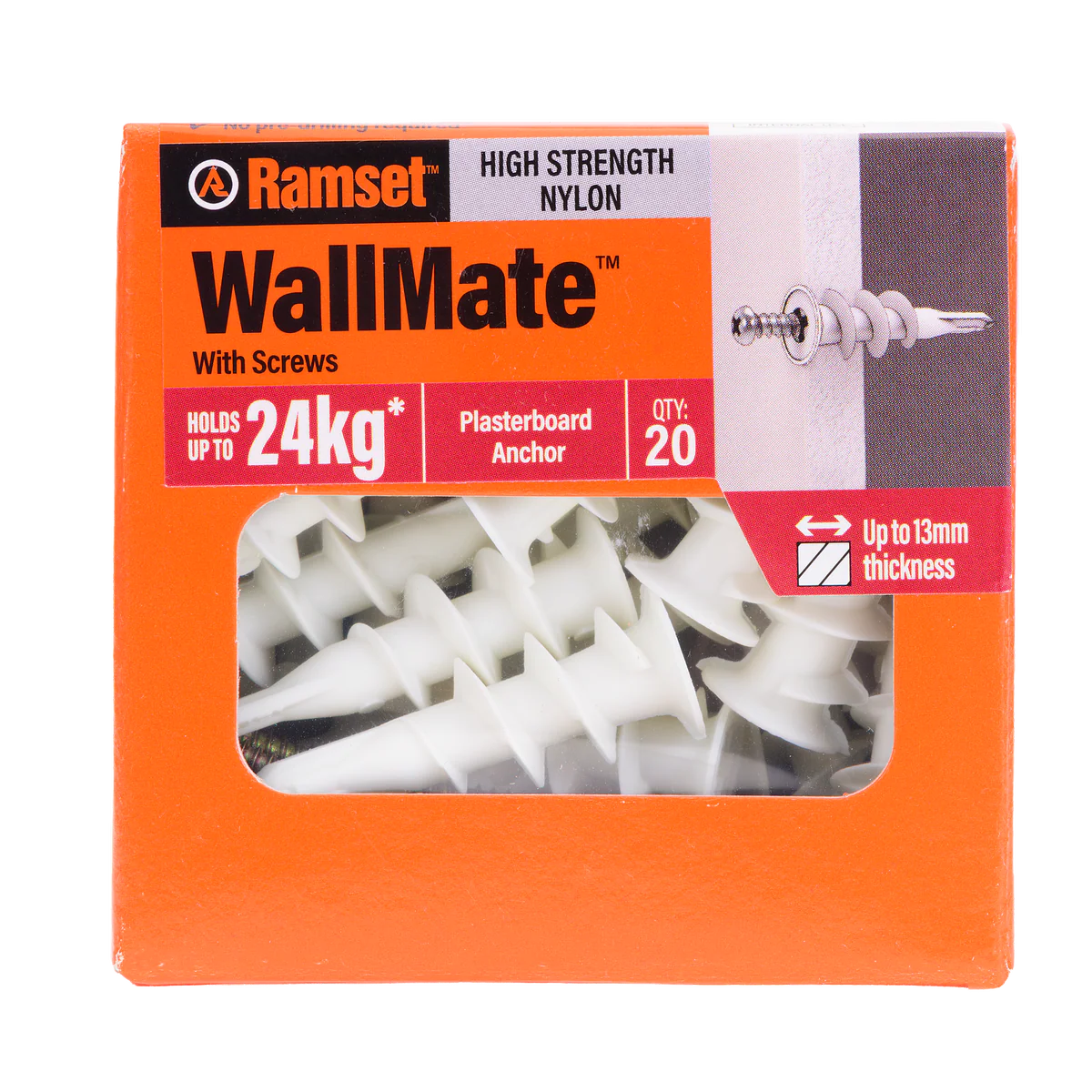 Ramset Nylon Wallmate Plasterboard Anchor with Screws 20 Pack - 75mm x 70mm - Easy Installation - Non-Conductive - Image 3