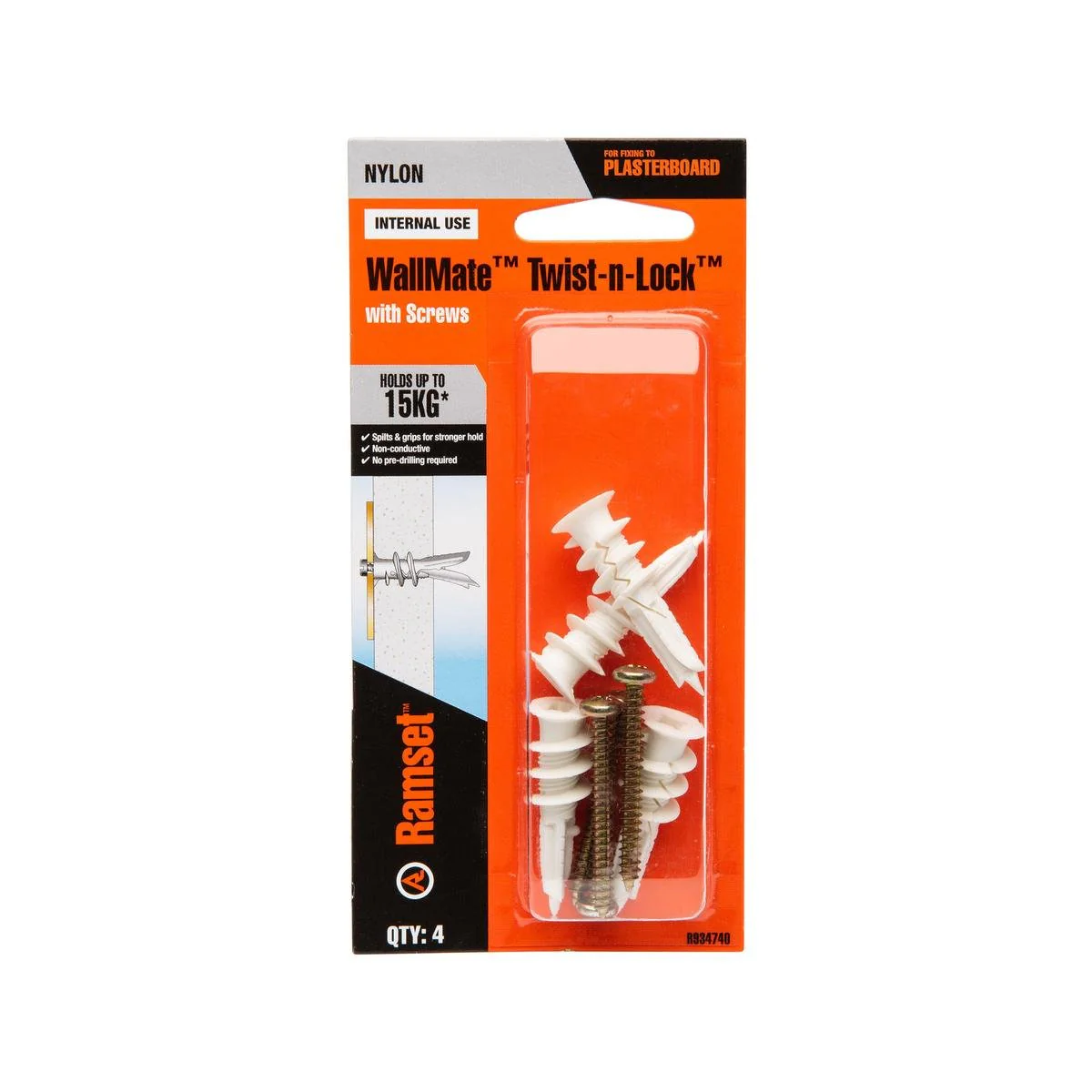 Ramset Wallmate Twist N Lock - 13mm x 40mm - Nylon - Non-Conductive - 4 Pack