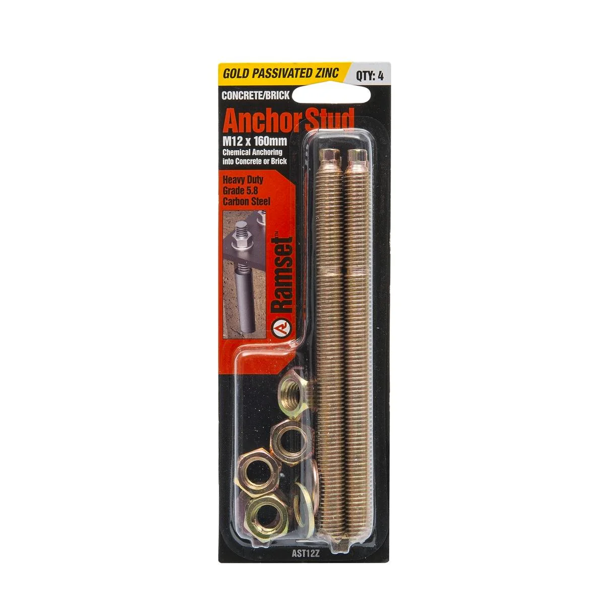 Ramset Zinc Plated Anchor Stud 12mm x 160mm 4 Pack Heavy Duty