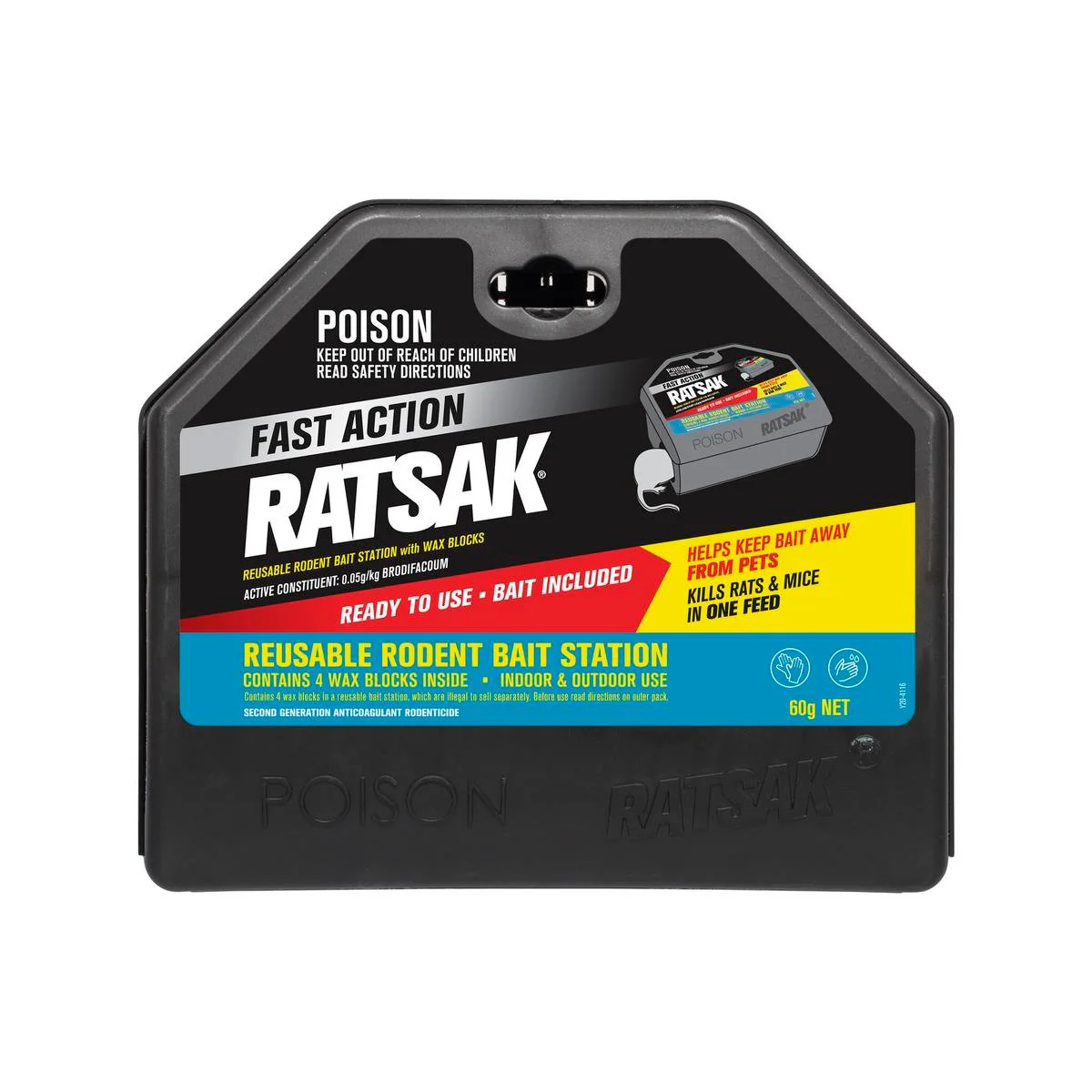 RATSAK Fast Action Rodent Bait Station - 4 Wax Blocks - Lockable - Reusable