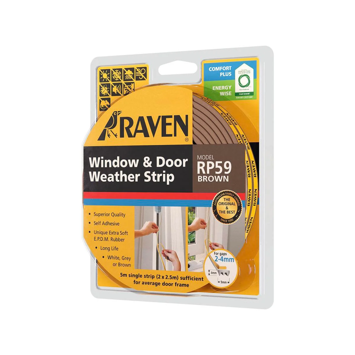 Raven Weather Strip - 5000mm Brown EPDM Rubber - Self Adhesive Seal
