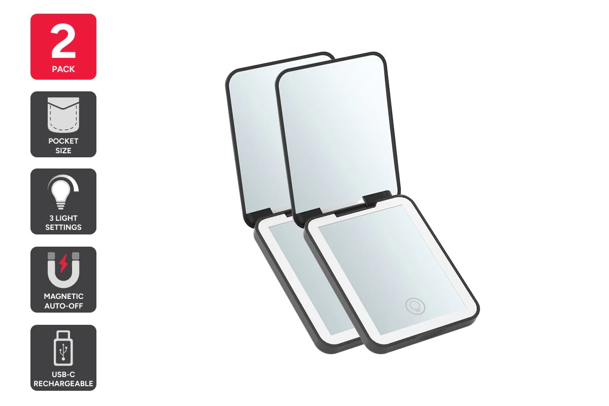 Rechargeable LED Compact Mirror 2 Pack with 3 Light Modes
