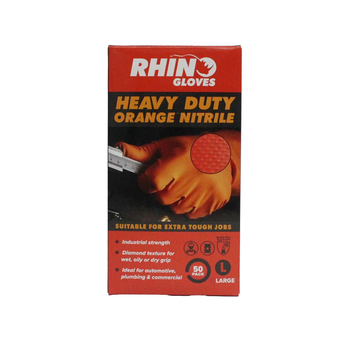 Rhino Large Nitrile Disposable Gloves - 50 Pack - Orange - Heavy Duty - Puncture Resistant - Enhanced Grip - Image 2