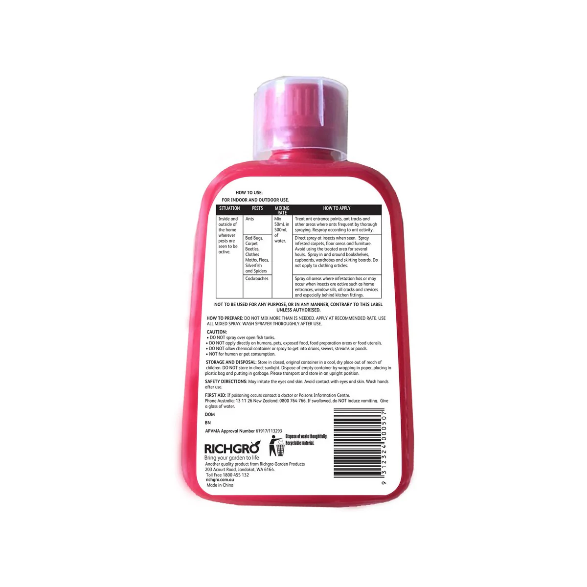 Richgro Ant Spider Cockroach Killer Concentrate 500ml - Liquid Clear - Image 2