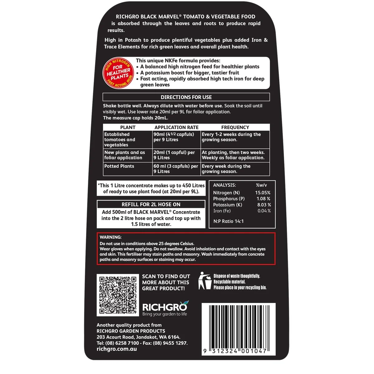 Richgro Black Marvel Tomato & Vegetable Food - 1L - Liquid Concentrate - High Nitrogen - Image 2