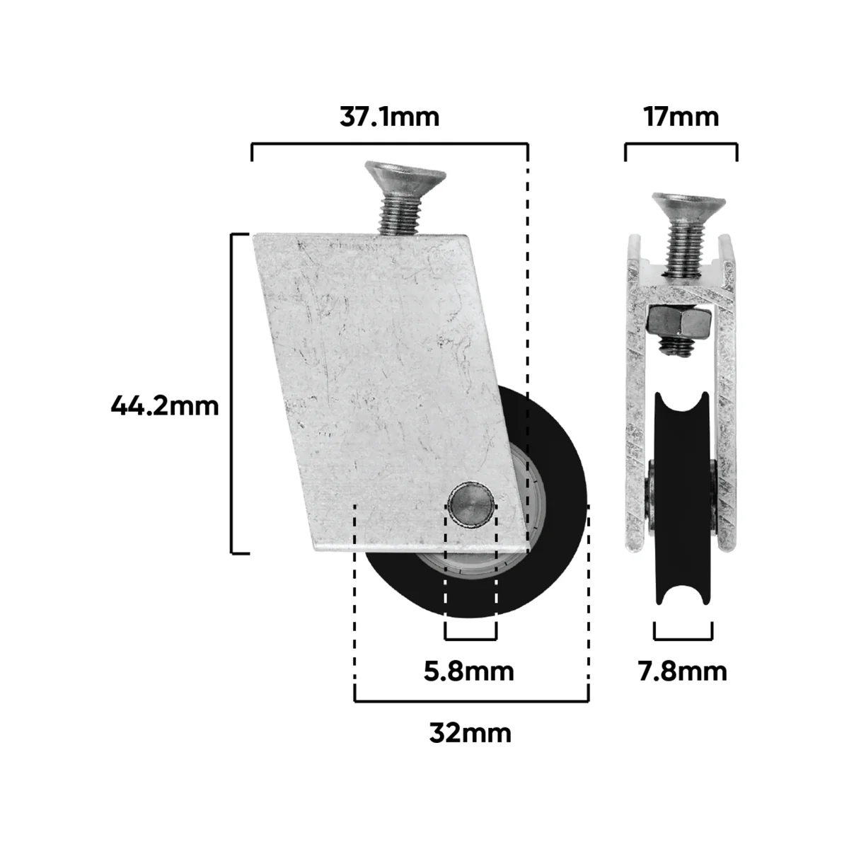 Rolltrak Adjustable Aluminium Carriage - 45mm x 54mm - Acetal Roller - Image 2