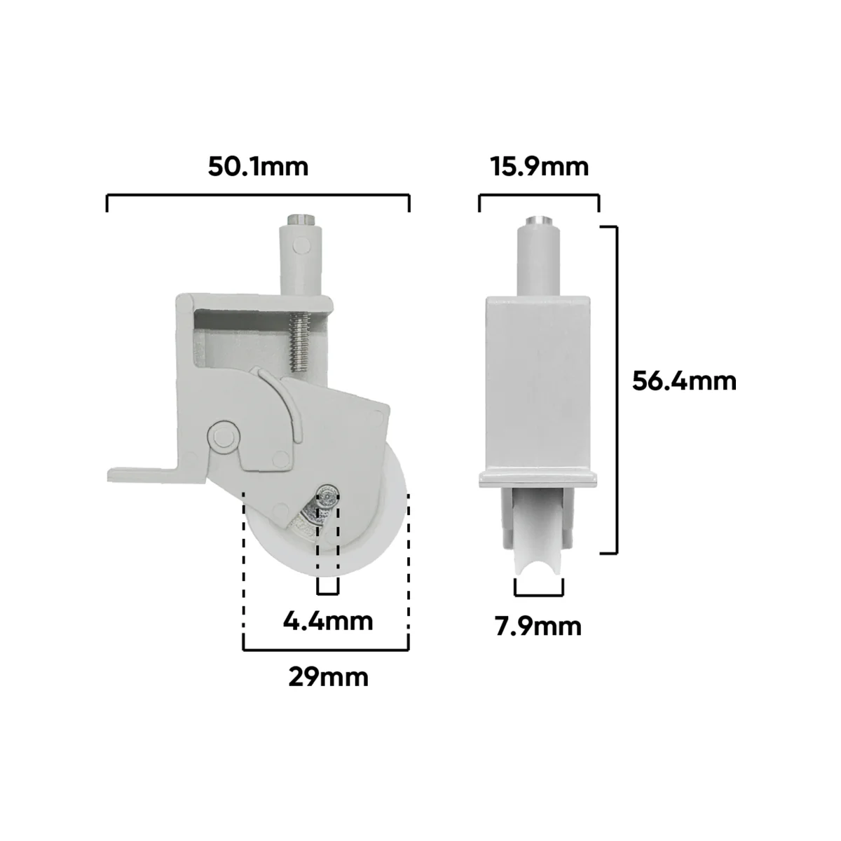Rolltrak Adjustable Plastic Carriage - 54mm x 62mm - Acetal Roller - 15kg Load - Image 2