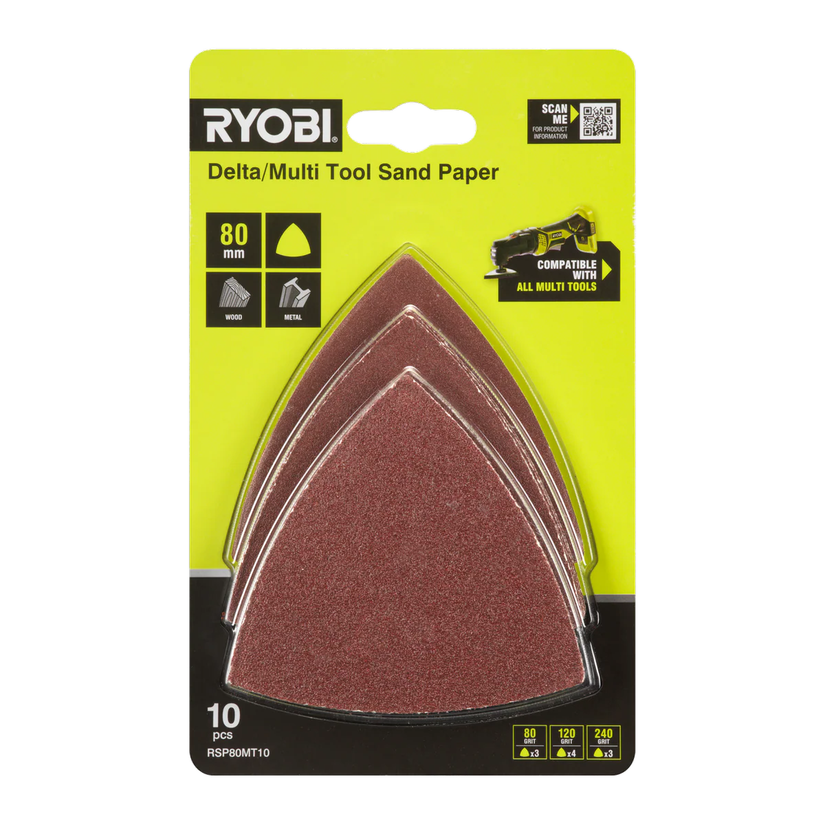 Ryobi 10 Piece 80mm Delta Multi Tool Sanding Set - 80/120/240 Grit