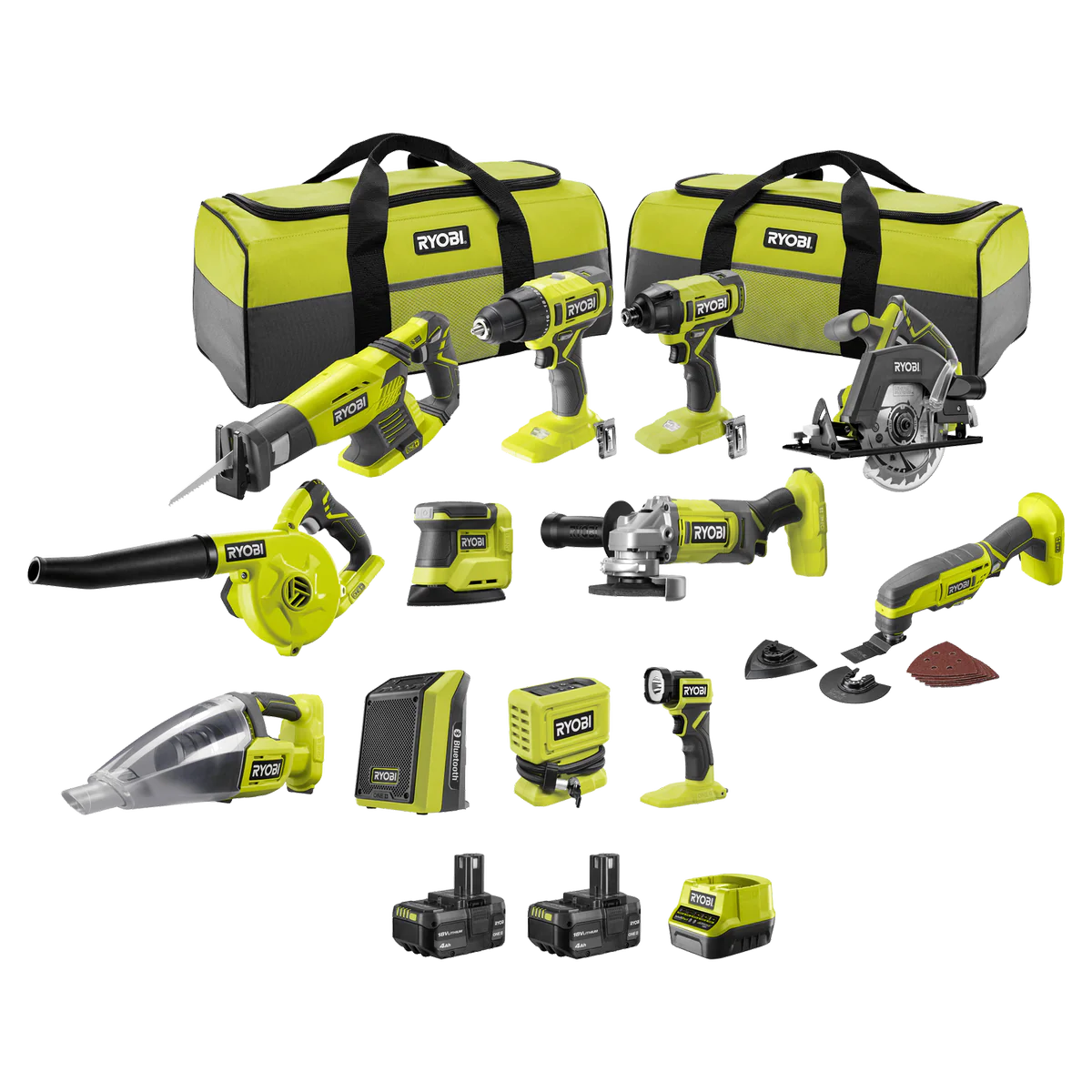 Ryobi 18V ONE+ 12 Piece 4Ah Kit - 350mm x 445mm x 615mm - Versatile Toolset