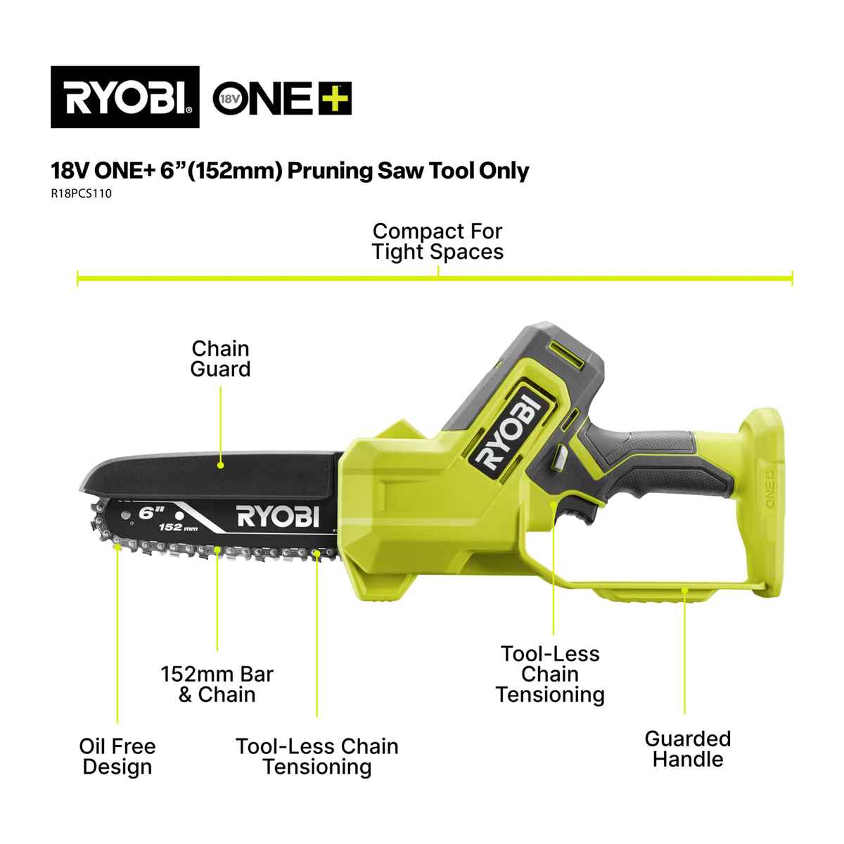 Ryobi 18V ONE+ 6" Pruning Saw Tool Only - Cuts 152mm Branches - Lightweight - Image 2