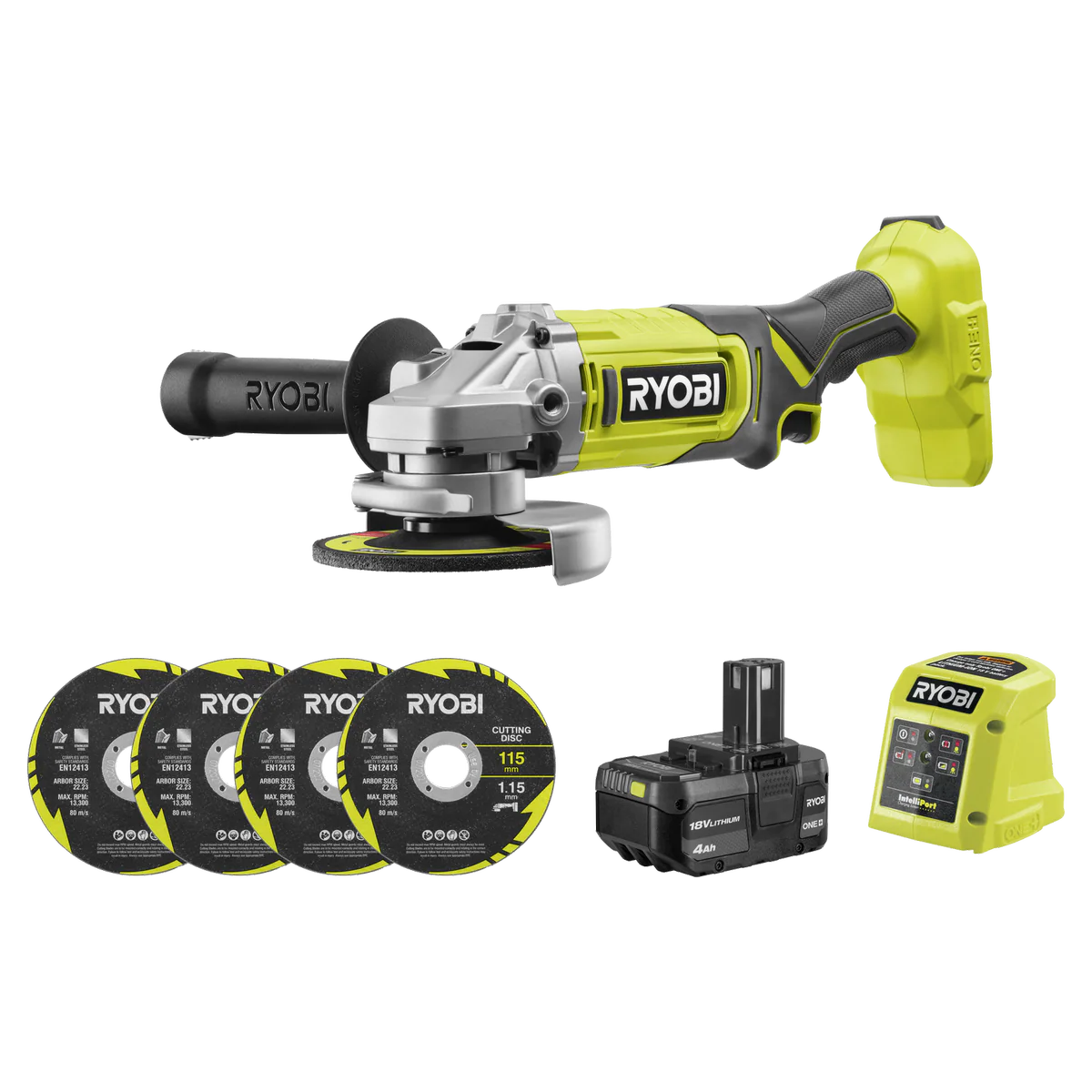Ryobi 18V ONE+ Angle Grinder Kit - 115mm - 4.0Ah Battery - Cutting & Grinding