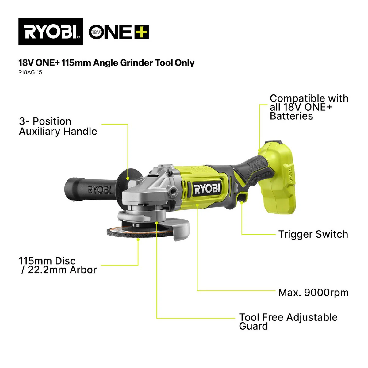 Ryobi 18V One Angle Grinder Tool Only - 115mm - Cutting & Grinding - Image 2
