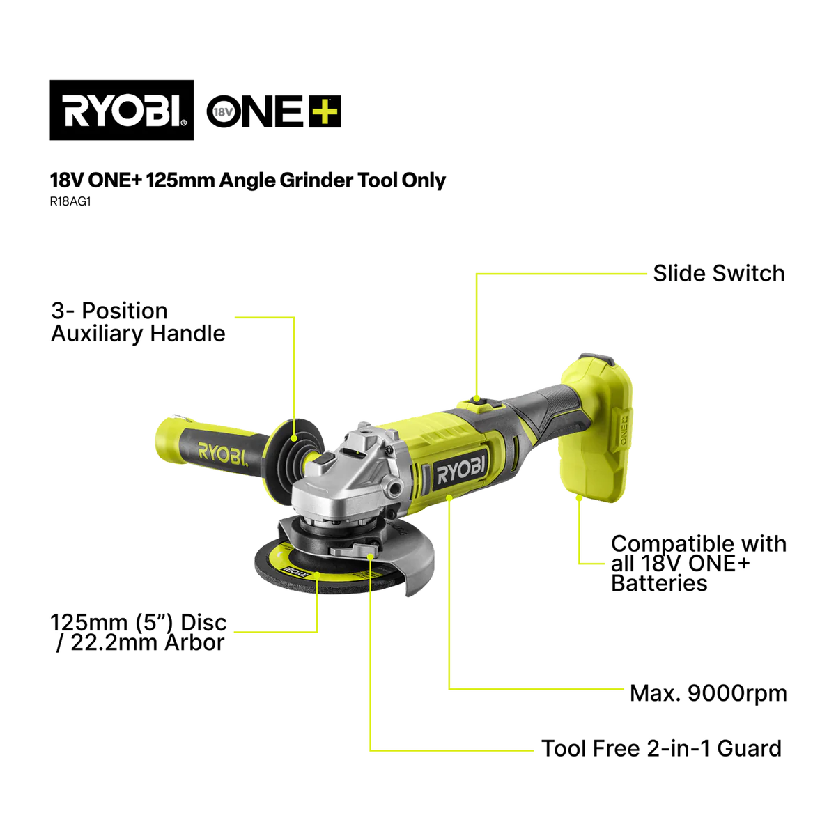Ryobi 18V ONE+ Angle Grinder Tool Only - 125mm - 9000rpm - Cordless - Image 2