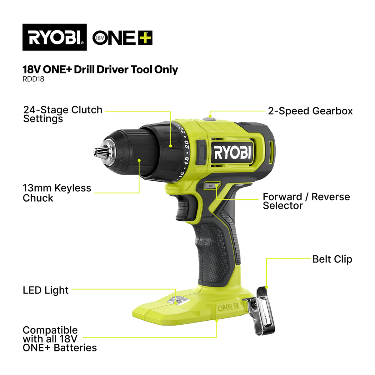 Ryobi 18V One Drill Driver RDD18 - Tool Only - 2-Speed Gearbox - LED Light - Image 2