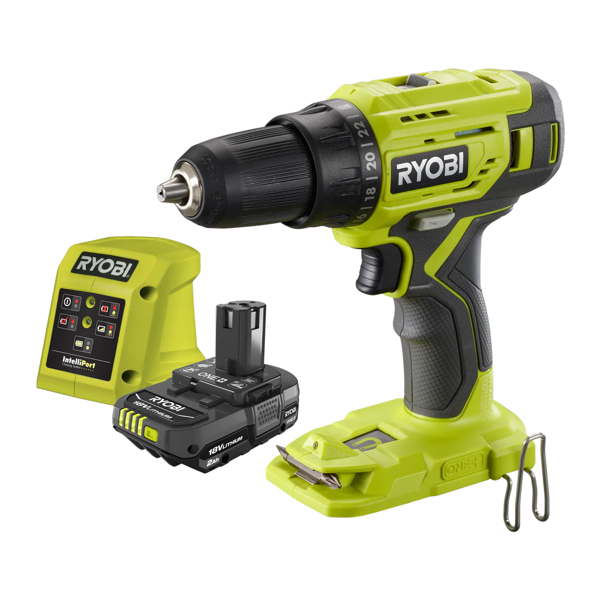 Ryobi 18V ONE+ Drill Driver Starter Kit R18DD22 - 2Ah Battery - 173mm x 203mm x 225mm - LED Light - Magnetic Screw Tray