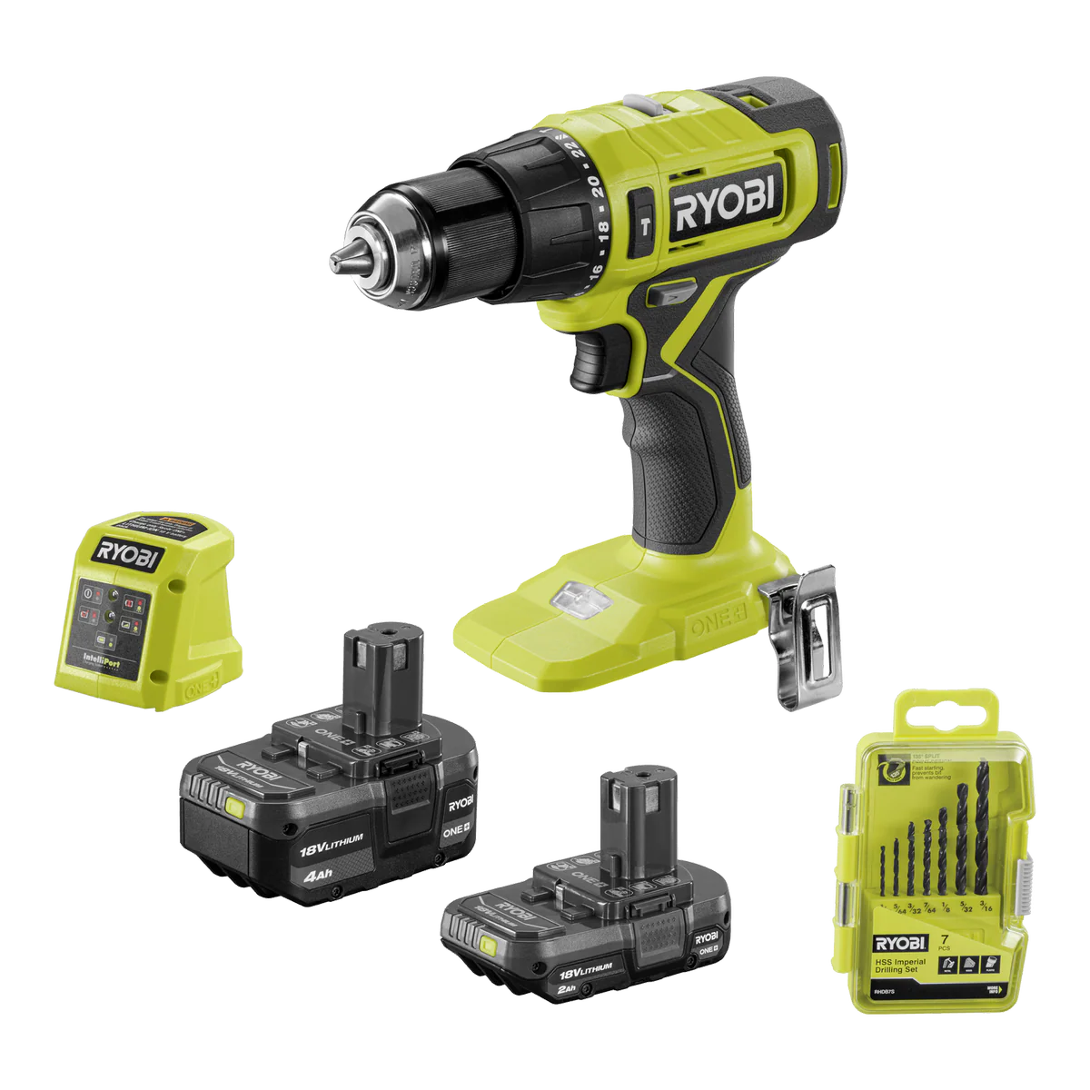 Ryobi 18V ONE+ Hammer Drill Kit - 2Ah & 4Ah Batteries - 13mm Chuck - 7-Piece Bit Set