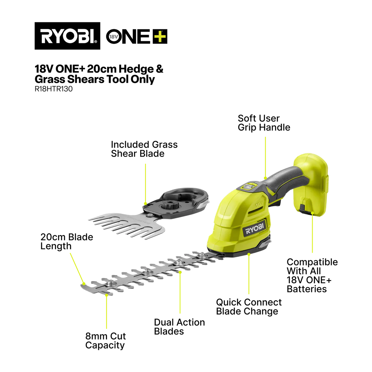 Ryobi 18V ONE+ Hedge Grass Shears R18HTR130 - 200mm Blade - Tool Only - Image 2