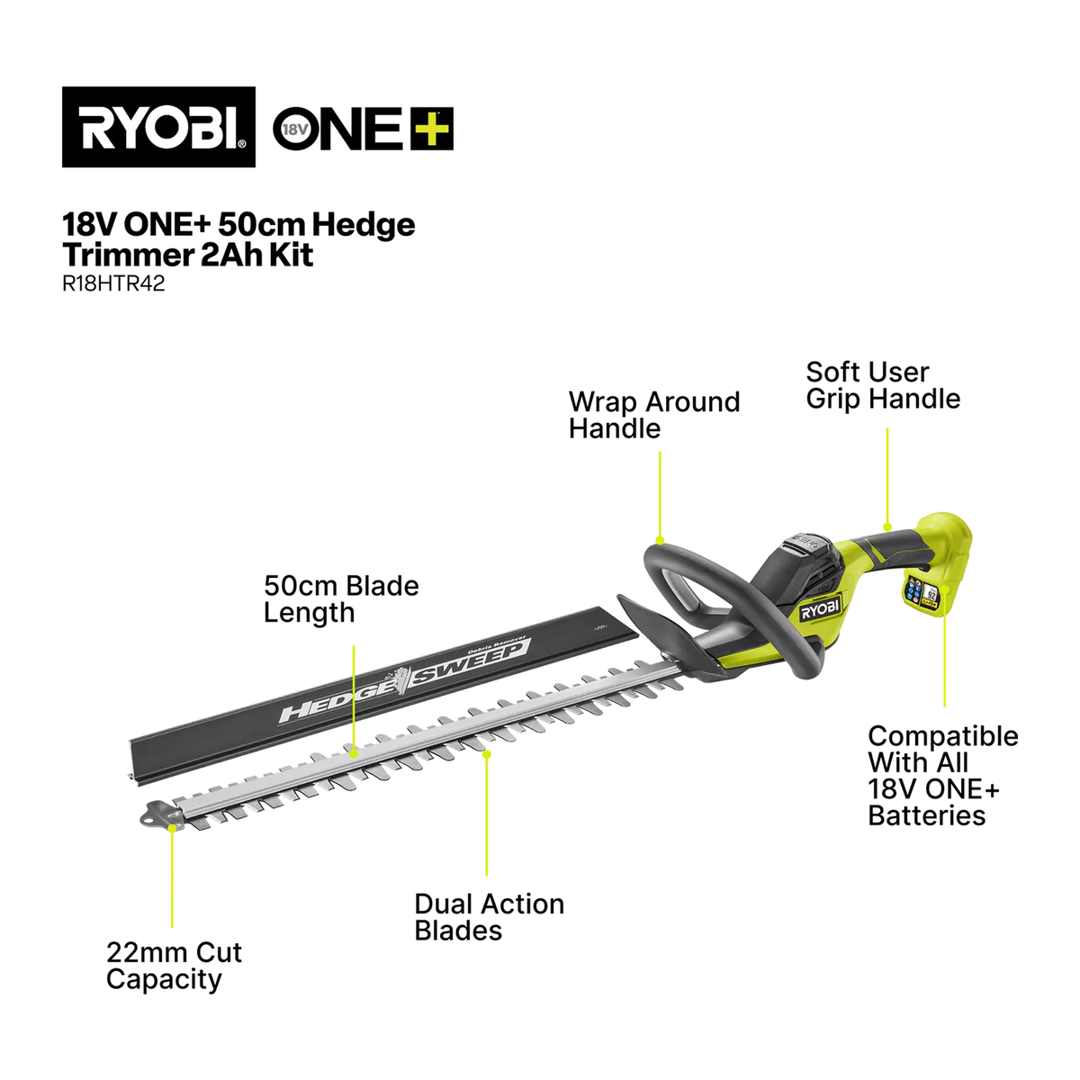 Ryobi 18V ONE+ Hedge Trimmer 50cm 2.0Ah Kit - Clean Cuts - Debris Clearance - Image 2