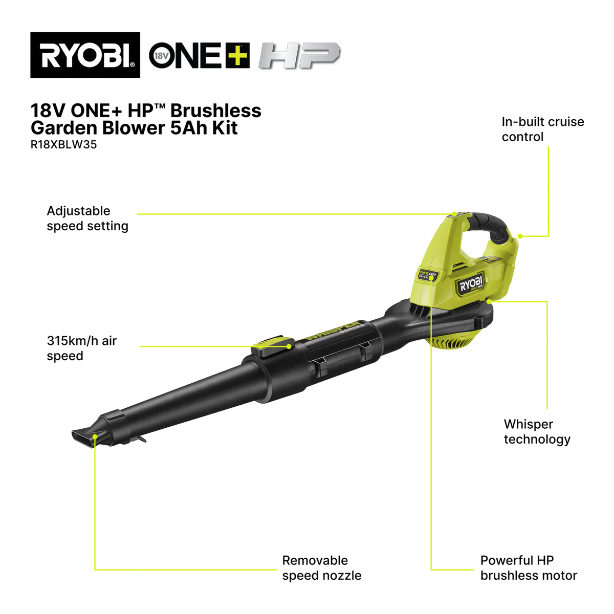 Ryobi 18V ONE+ HP Brushless Garden Blower Kit - 5.0Ah Battery - 315km/h Air Speed - Lightweight - Image 2