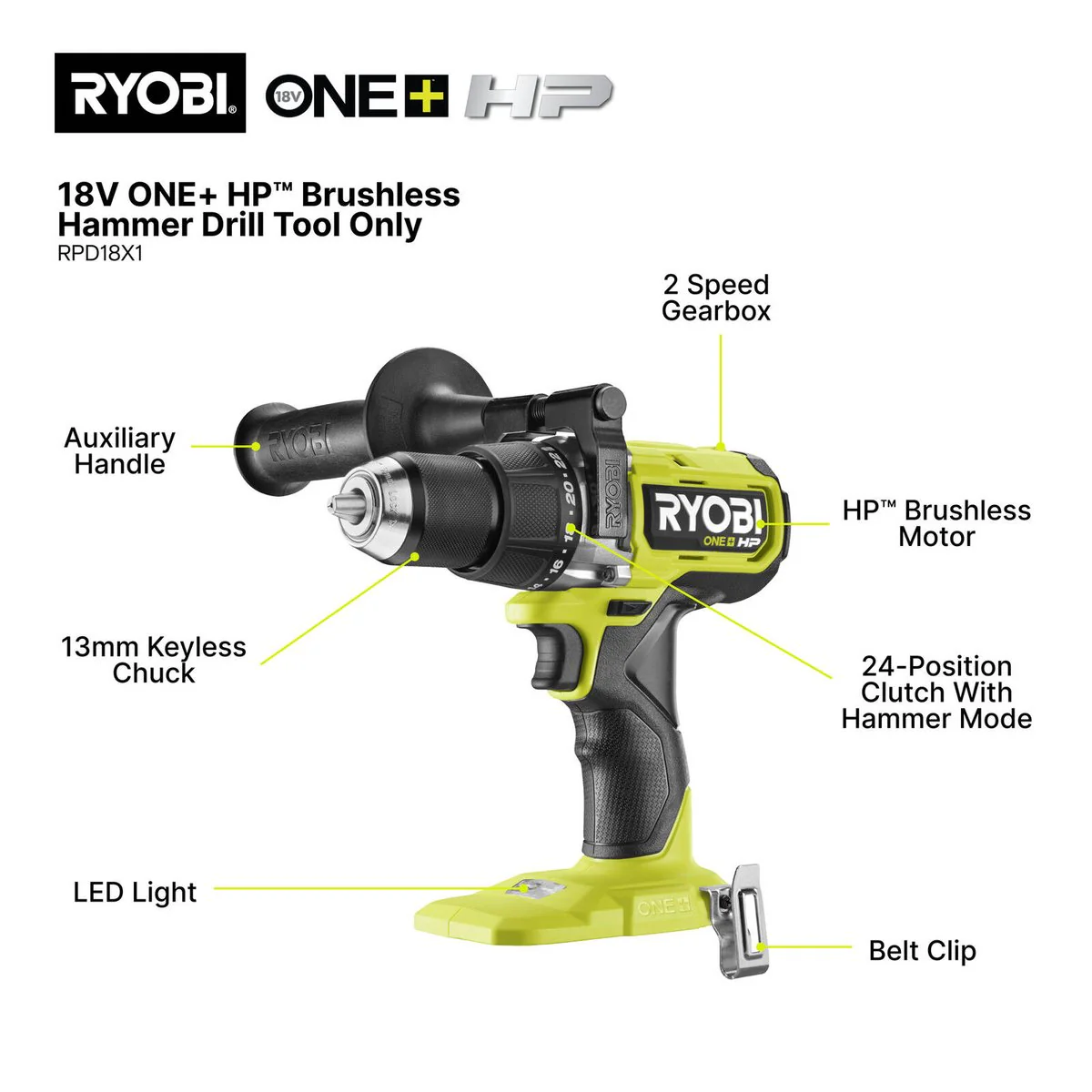 Ryobi 18V ONE+ HP Brushless High Torque Hammer Drill Tool Only - 110Nm Torque - Compact Design - Image 2
