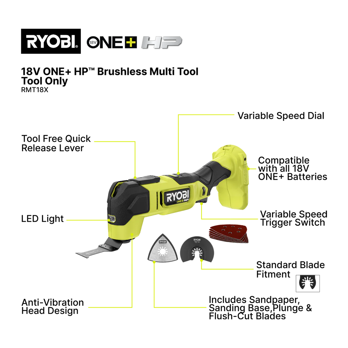Ryobi 18V ONE+ HP Brushless Multitool Tool Only - 80mm x 322mm x 138mm - Versatile for Sanding, Plunge Cuts, Grout Removal - Image 2