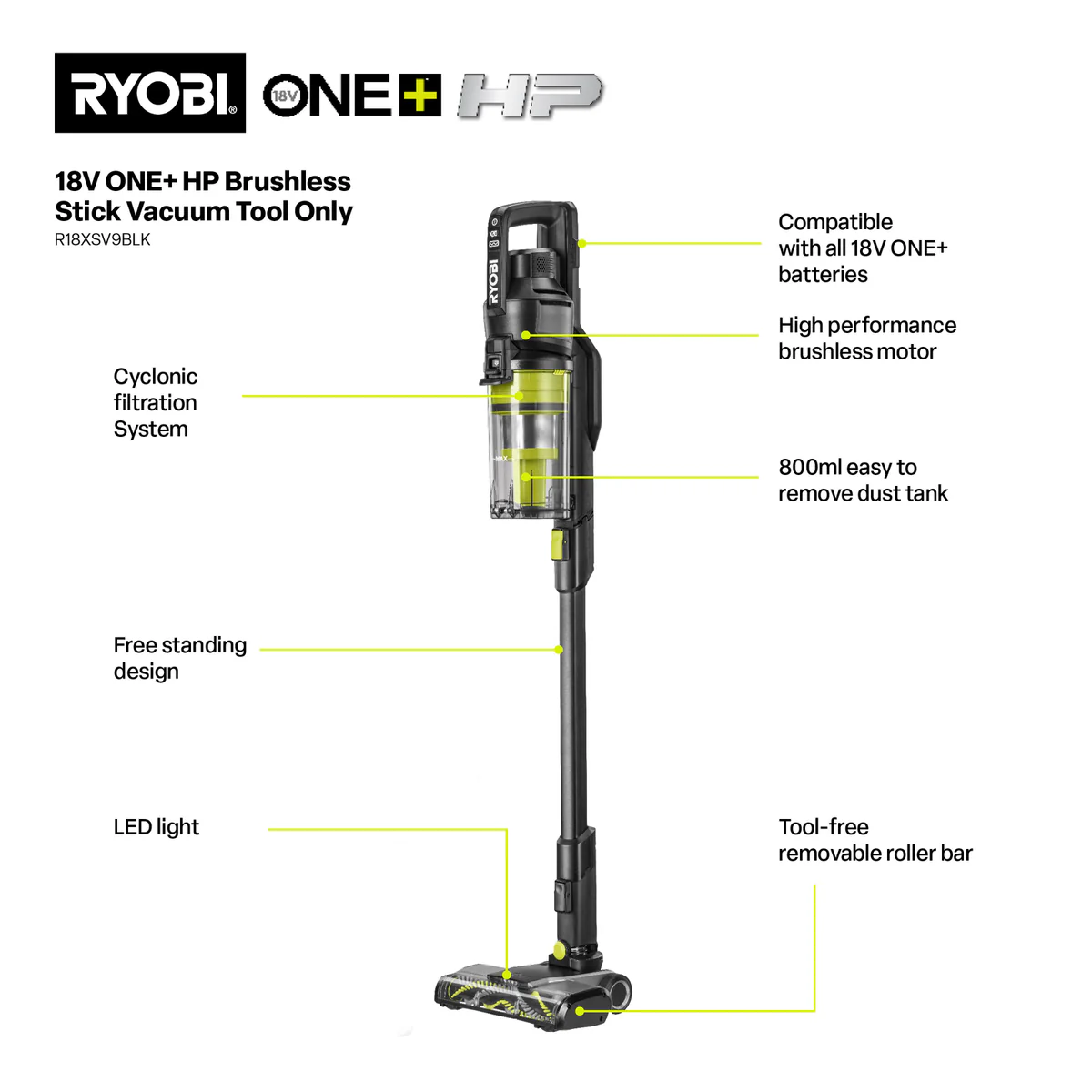 Ryobi 18V ONE+ HP Stick Vacuum Tool Only - 800ml - Black - Lightweight, Powerful Suction - Image 2