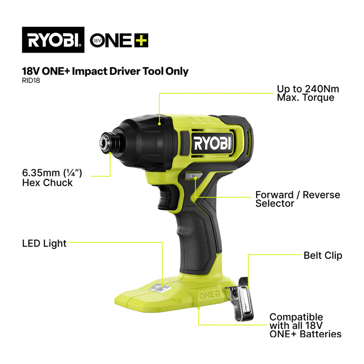 Ryobi 18V ONE+ Impact Driver Tool Only - 240Nm Torque - LED Light - Image 2
