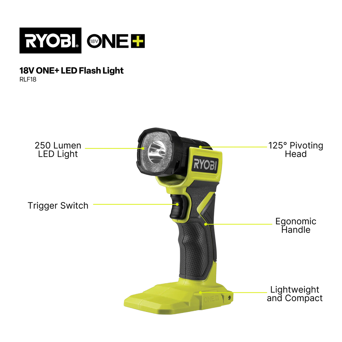 Ryobi 18V ONE+ LED Flashlight - 250 Lumens - Pivoting Head - Portable - Image 2
