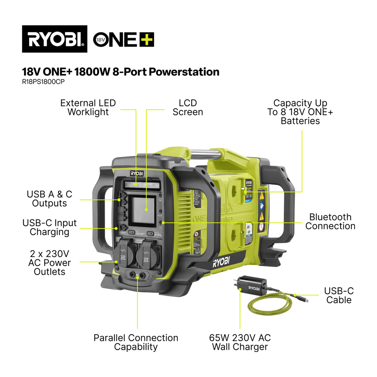 Ryobi 18V ONE+ Powerstation 1800W - Portable Power Source - 300mm x 340mm x 480mm - Image 2