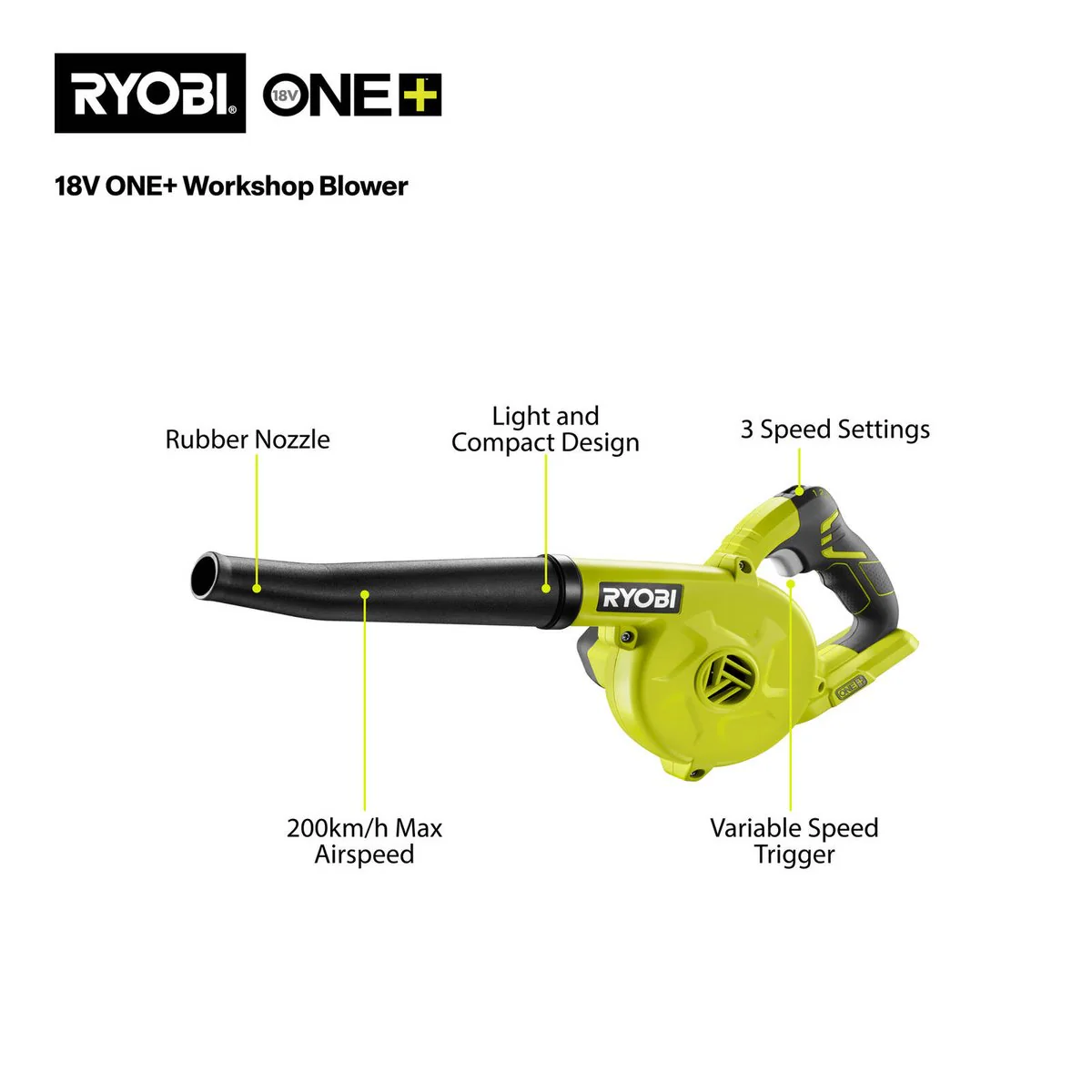 Ryobi 18V ONE+ Workshop Blower Tool Only - 200 km/h - Lightweight - Black/Hypergreen - Image 2
