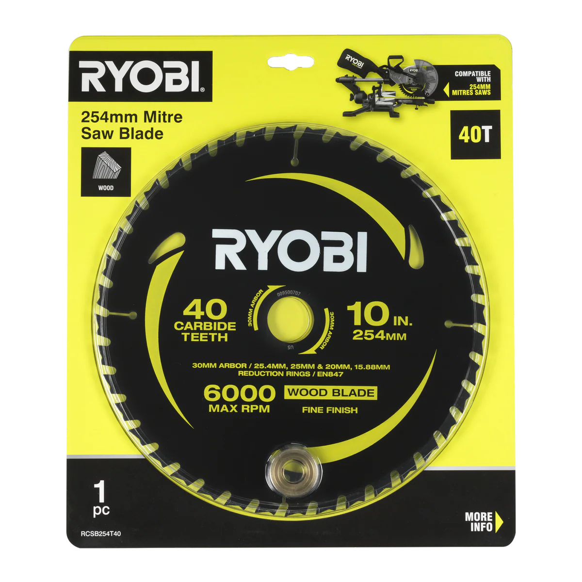 Ryobi 254mm 40T Mitre Saw Blade - Precision Cutting - Anti-Stick Coating - Image 2