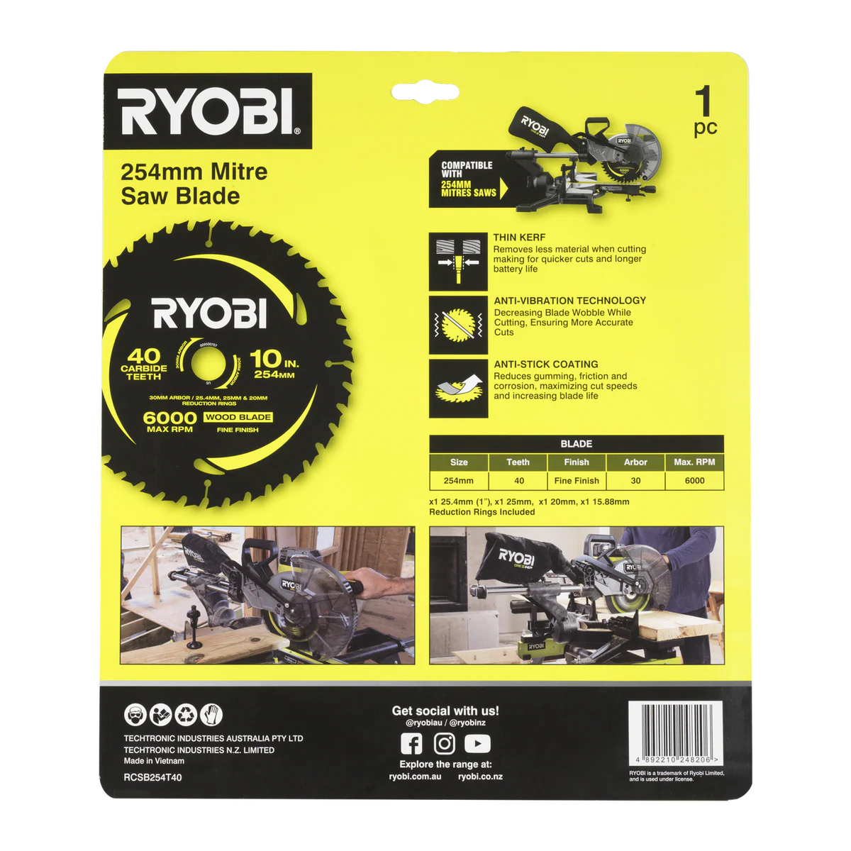 Ryobi 254mm 40T Mitre Saw Blade - Precision Cutting - Anti-Stick Coating - Image 4