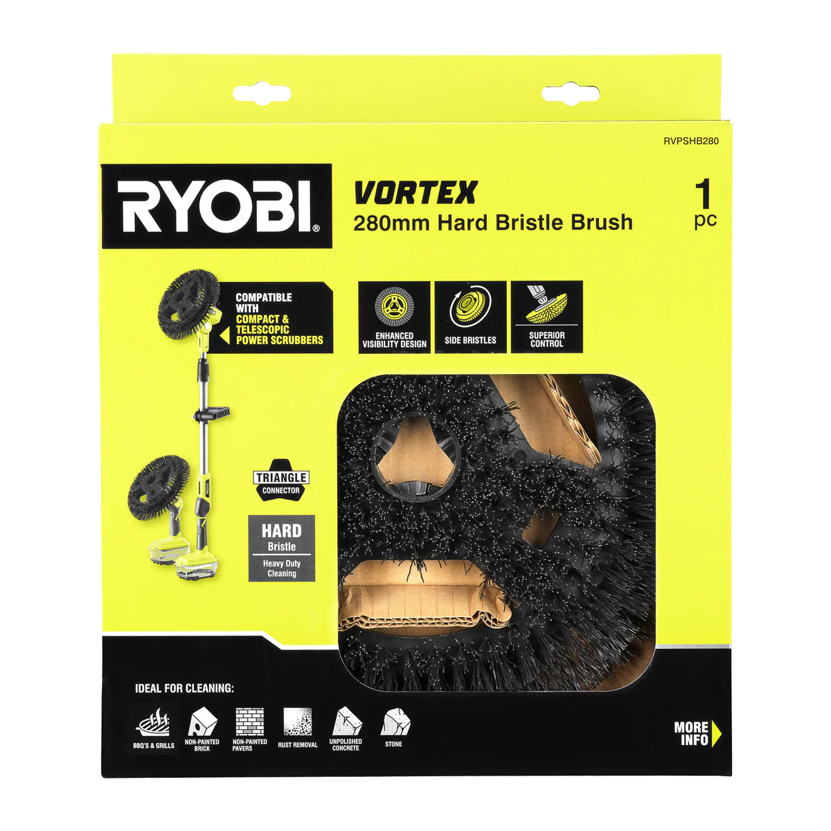 Ryobi 280mm Hard Bristle Power Scrubber Brush - Heavy-Duty Cleaning Tool - Image 2