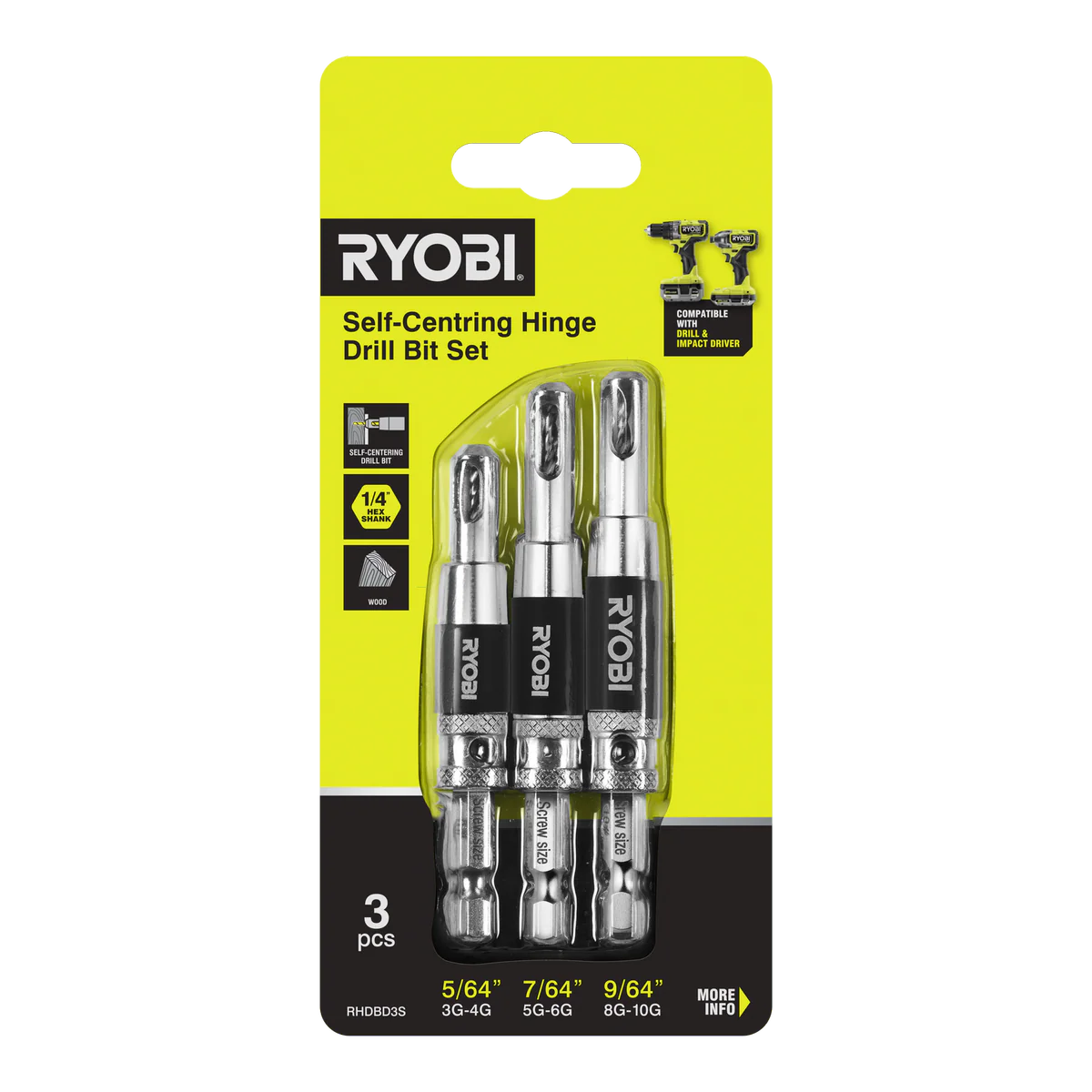 Ryobi 3 Piece Door Hinge Drill Bit Set - 5/64” 7/64” 9/64” - Self-Centring