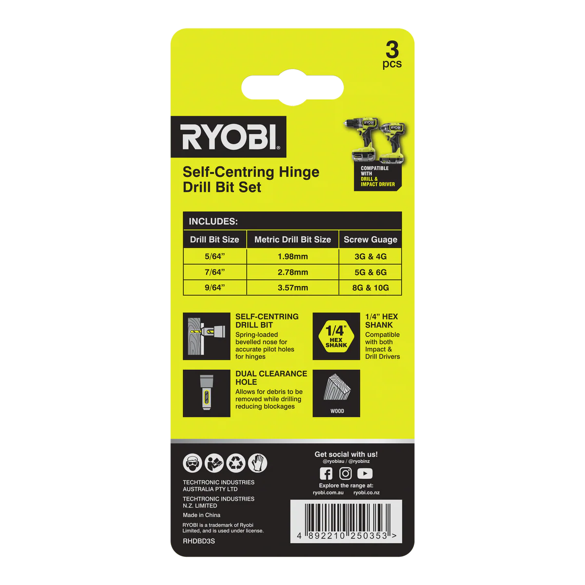 Ryobi 3 Piece Door Hinge Drill Bit Set - 5/64” 7/64” 9/64” - Self-Centring - Image 2