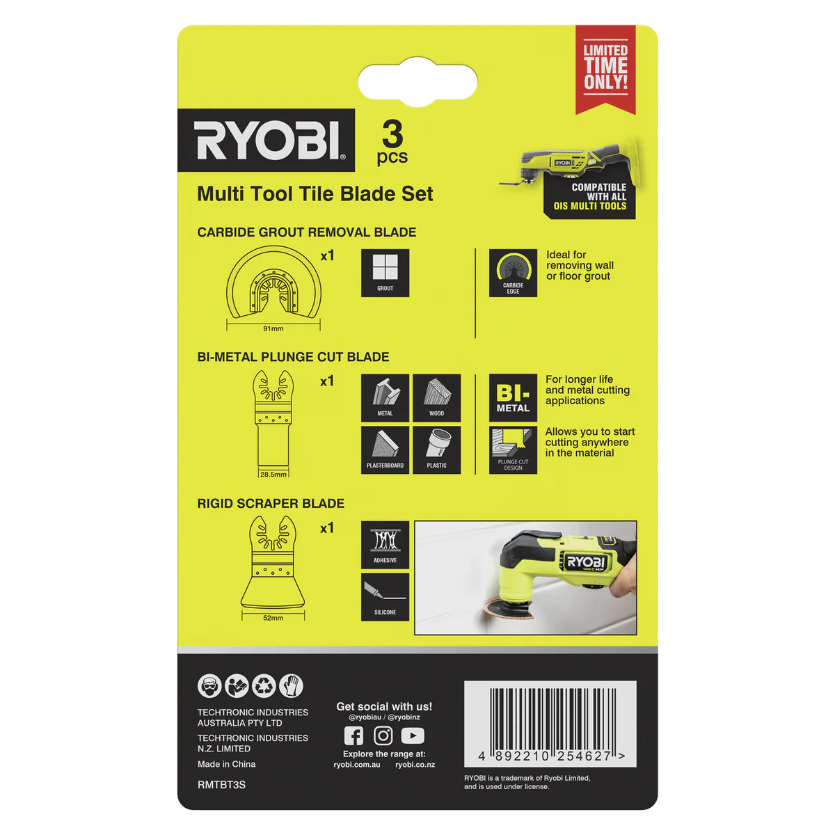 Ryobi 3 Piece Multi Tool Tile Blade Set - 91mm Grout Removal Blade - Versatile Cutting - Image 2