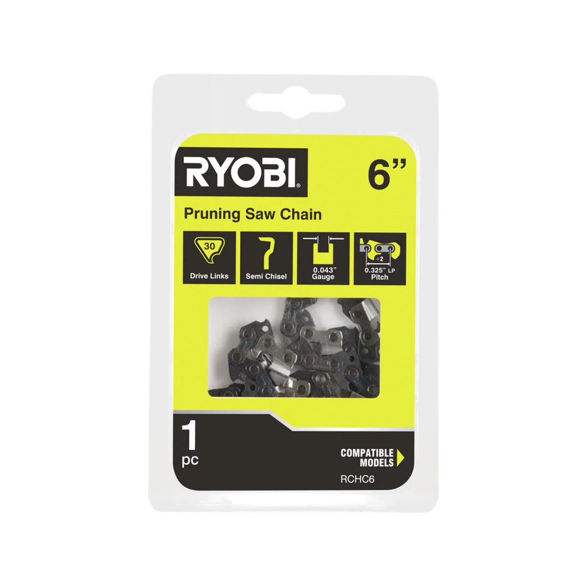 Ryobi 6 Pruning Saw Chain - 0.325” Pitch - Semi-Chisel Cutters - RCHC6