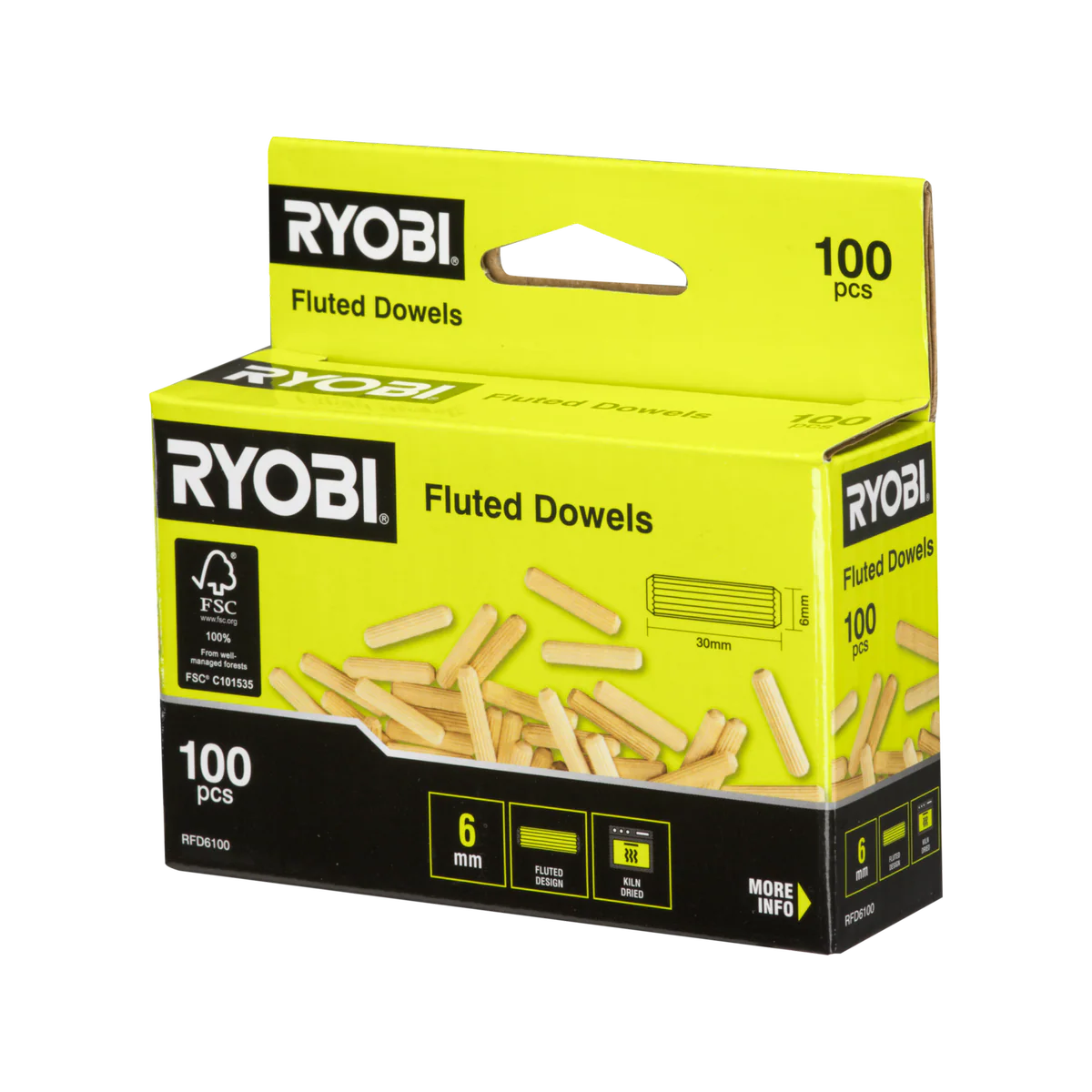 Ryobi 6mm Fluted Dowel 100 Pack - Timber - Strong Joints - Tapered Ends