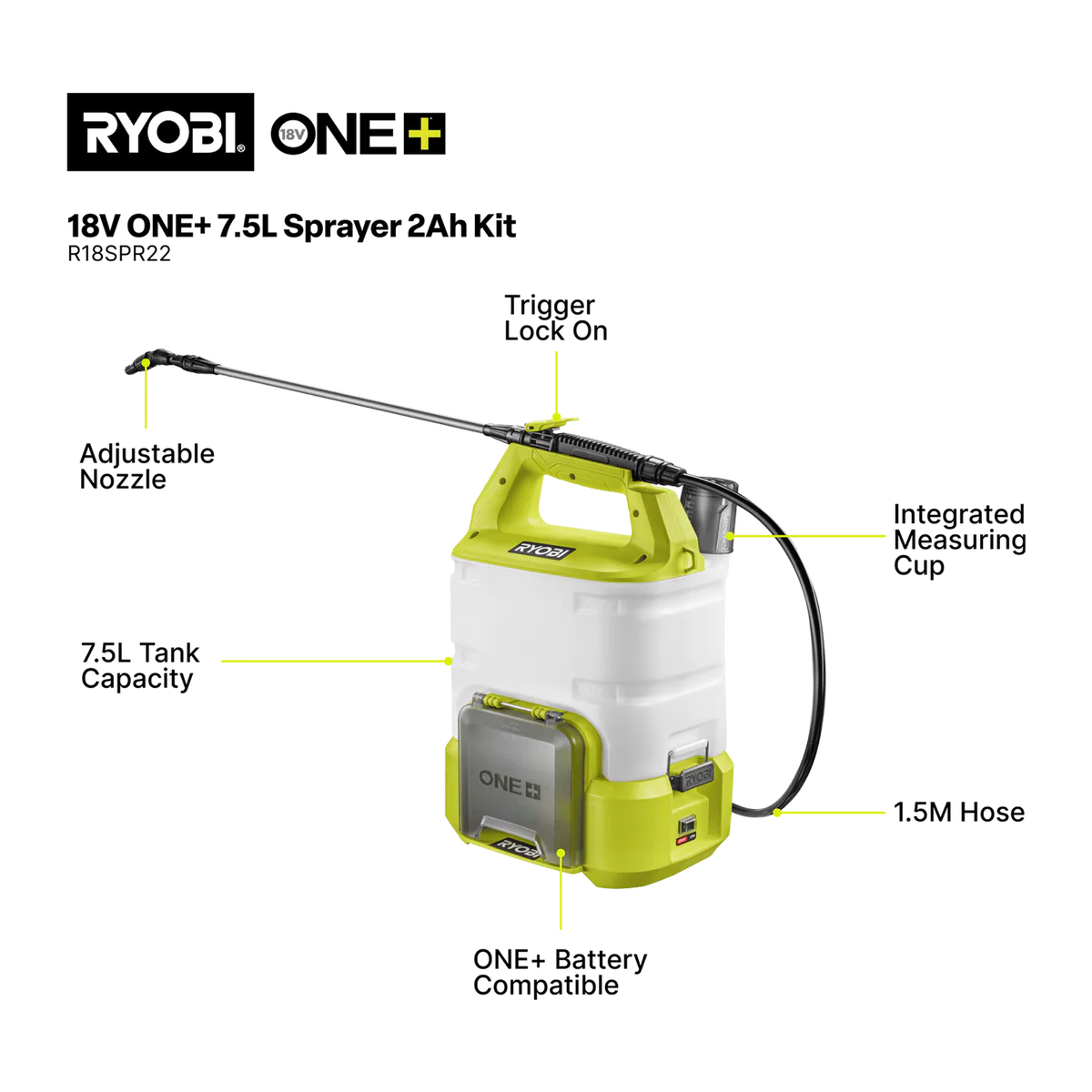 Ryobi 7.5L Garden Sprayer Kit - 18V ONE+ Battery & Charger - Pest Control - Image 2