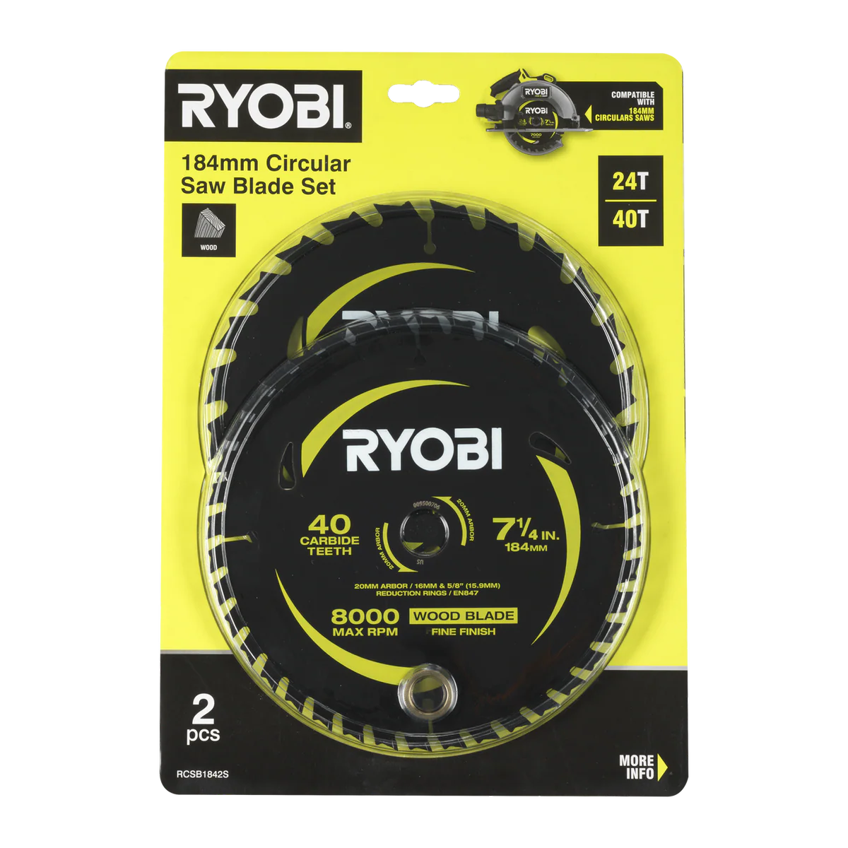 Ryobi Circular Saw Blade 2 Pack - 184mm 24T & 40T - Anti-Stick Coating - Image 2