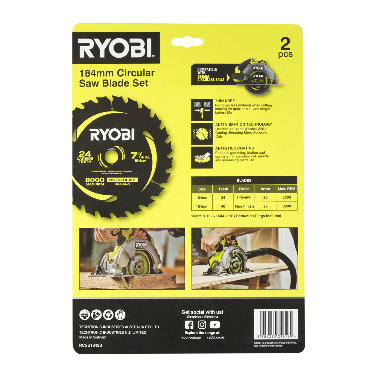 Ryobi Circular Saw Blade 2 Pack - 184mm 24T & 40T - Anti-Stick Coating - Image 5